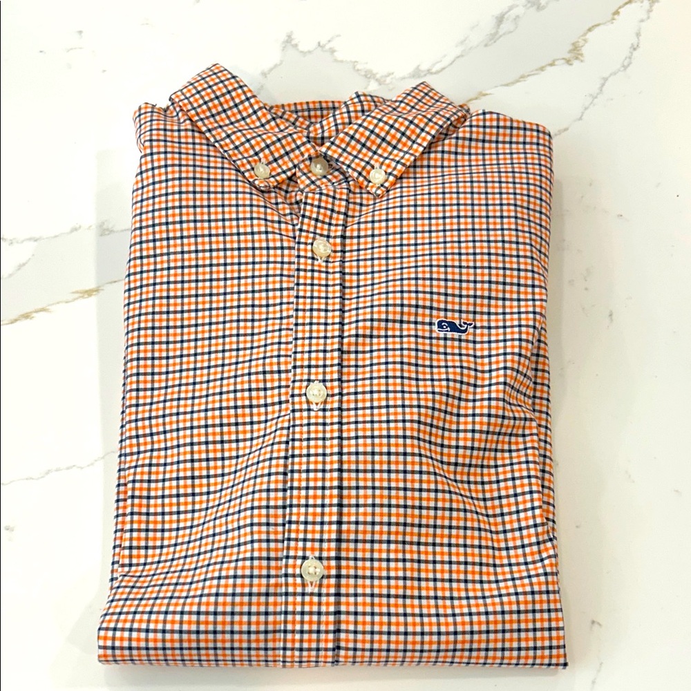 Vineyard Vines Boys Orange and Blue Plaid Shirt - on-the-go performance